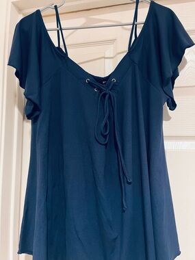 Navy Lace-Up Cold Shoulder Women's Top